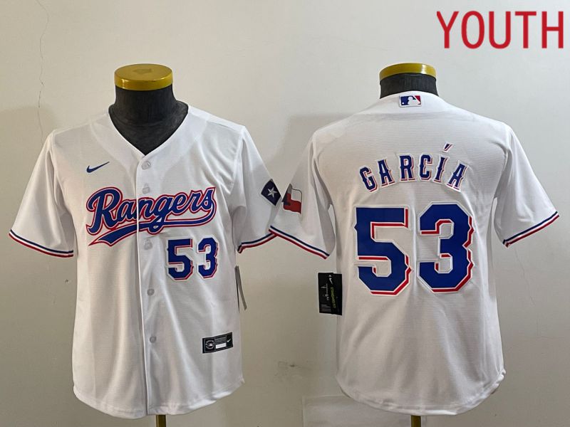 Youth Texas Rangers 53 Garcia White Game Nike 2023 MLB Jersey style 2
